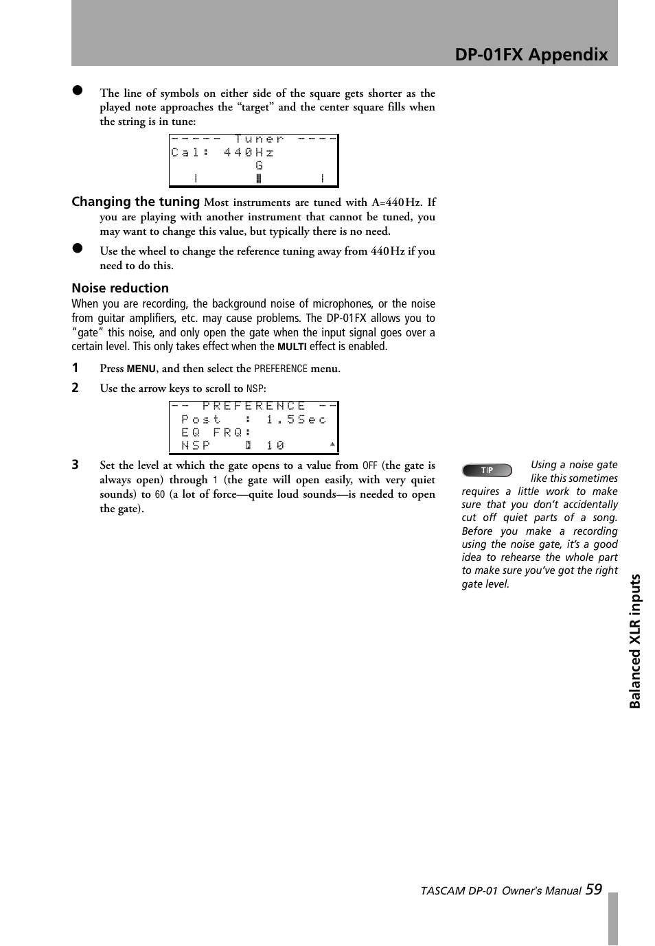 Noise reduction, Dp-01fx appendix, Balanced xlr inputs | Teac DP-01 Series Owners Manual User Manual | Page 59 / 68