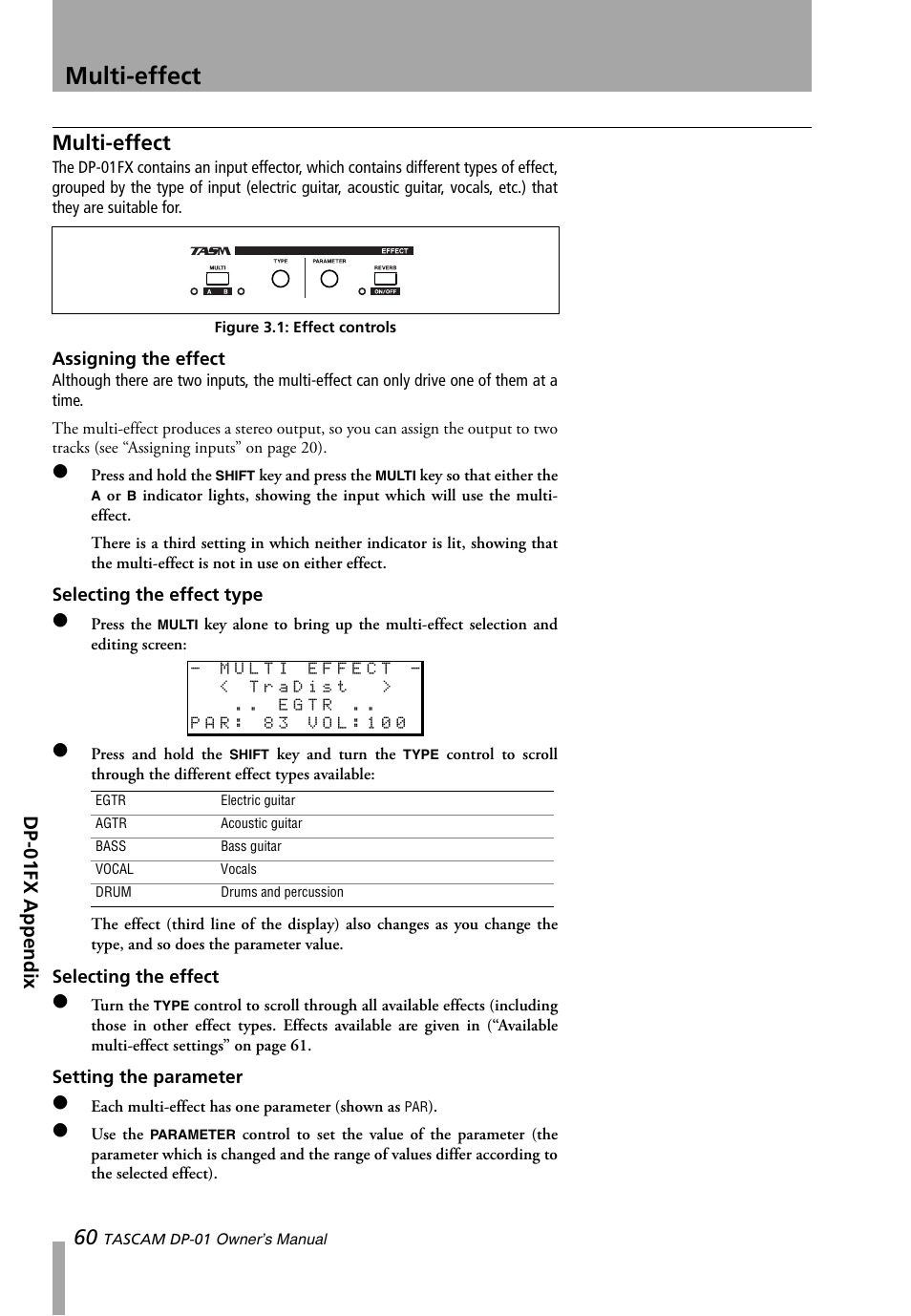 Multi-effect, Assigning the effect, Selecting the effect type | Selecting the effect, Setting the parameter, Figure 3.1: effect controls | Teac DP-01 Series Owners Manual User Manual | Page 60 / 68