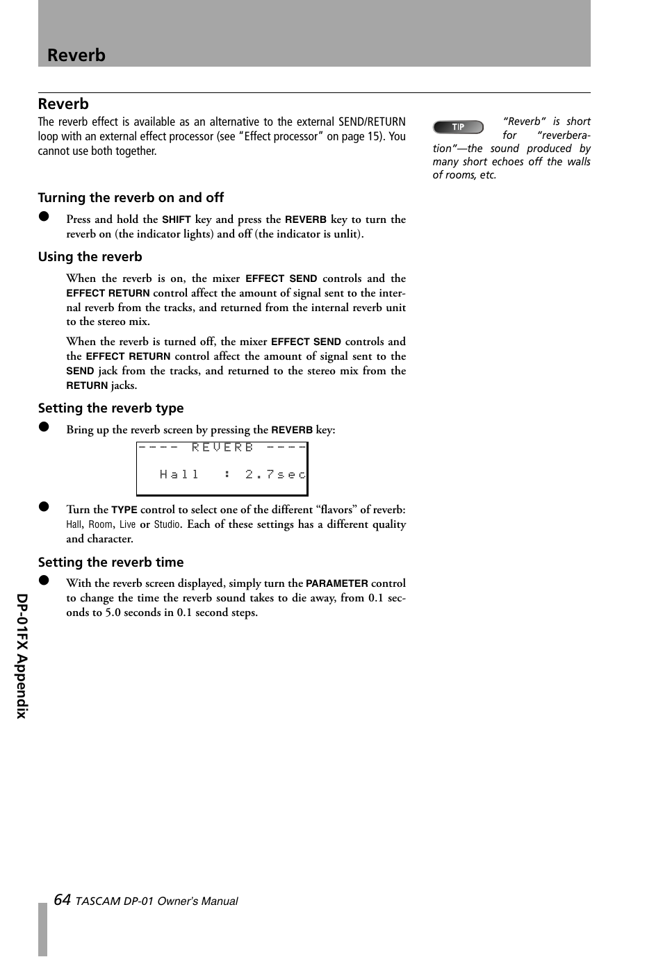 Reverb, Turning the reverb on and off, Using the reverb | Setting the reverb type, Setting the reverb time | Teac DP-01 Series Owners Manual User Manual | Page 64 / 68