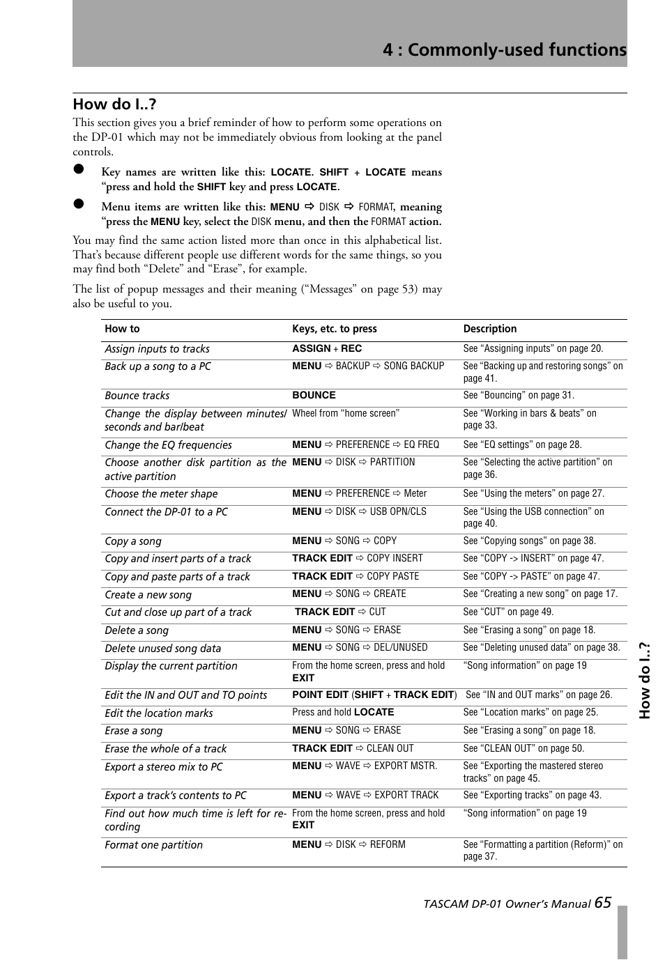 4 : commonly-used functions, How do i, Called “com | Teac DP-01 Series Owners Manual User Manual | Page 65 / 68