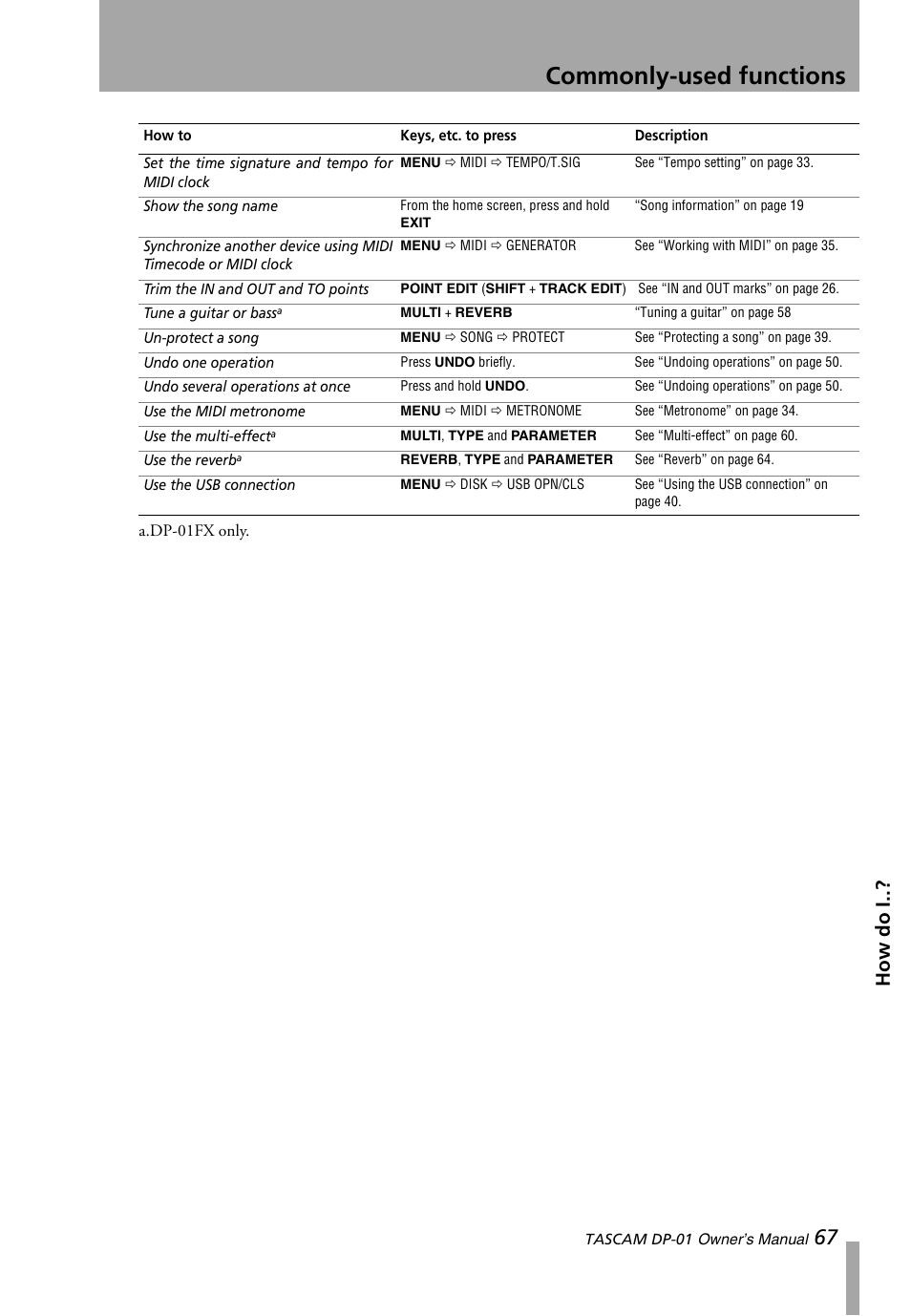 Commonly-used functions, How do i | Teac DP-01 Series Owners Manual User Manual | Page 67 / 68