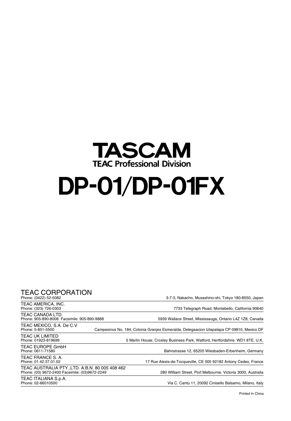 Dp-01/dp-01fx, Teac corporation | Teac DP-01 Series Owners Manual User Manual | Page 68 / 68