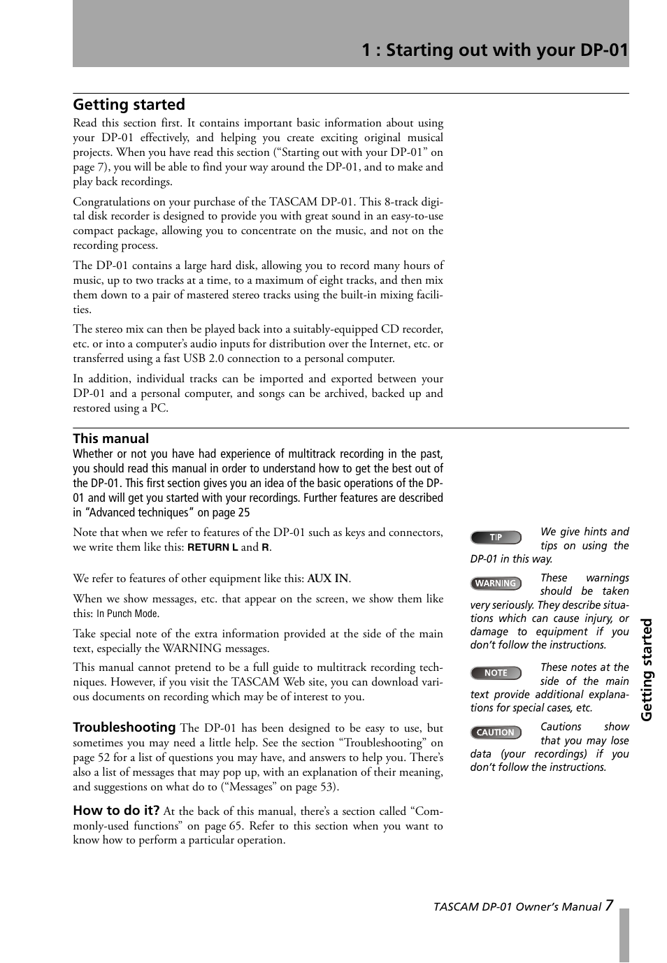 1 : starting out with your dp-01, Getting started, This manual | Teac DP-01 Series Owners Manual User Manual | Page 7 / 68