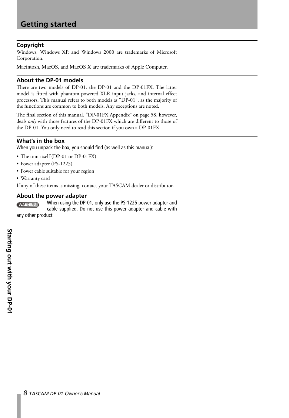 Copyright, About the dp-01 models, What’s in the box | About the power adapter, Copyright about the dp-01 models what’s in the box, Getting started | Teac DP-01 Series Owners Manual User Manual | Page 8 / 68