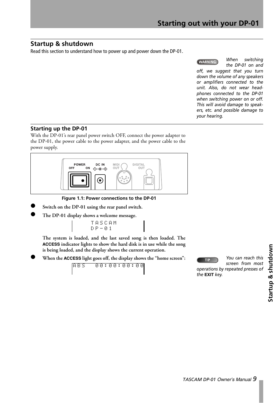 Startup & shutdown, Starting up the dp-01, Figure 1.1: power connections to the dp-01 | Starting out with your dp-01 | Teac DP-01 Series Owners Manual User Manual | Page 9 / 68