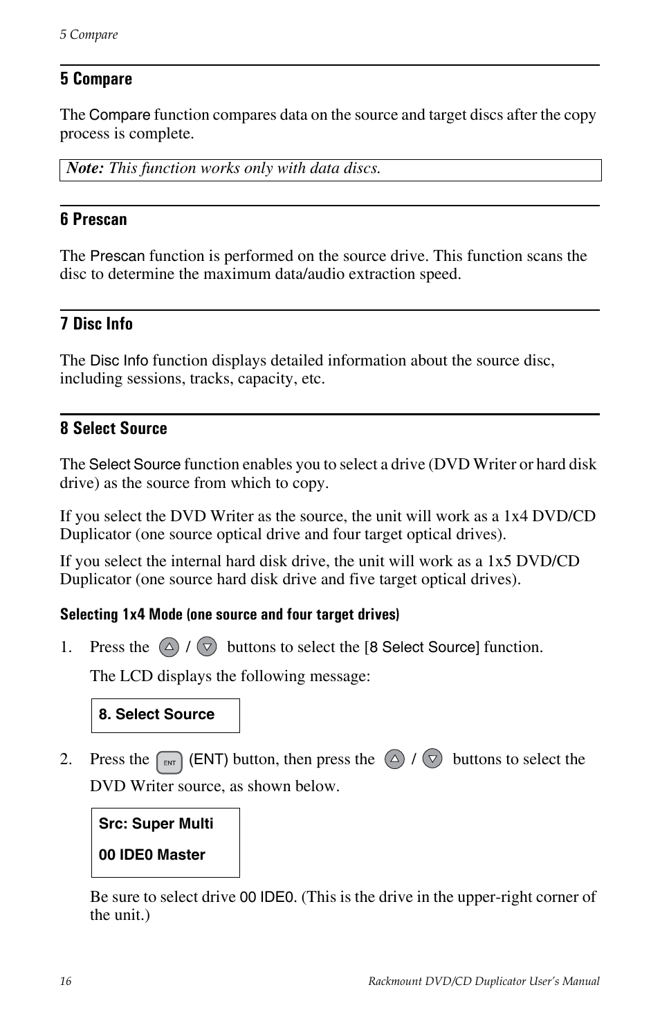 5 compare 6 prescan 7 disc info 8 select source, 5 compare, 6 prescan | 7 disc info, 8 select source | Teac DV-W14R User Manual | Page 24 / 48