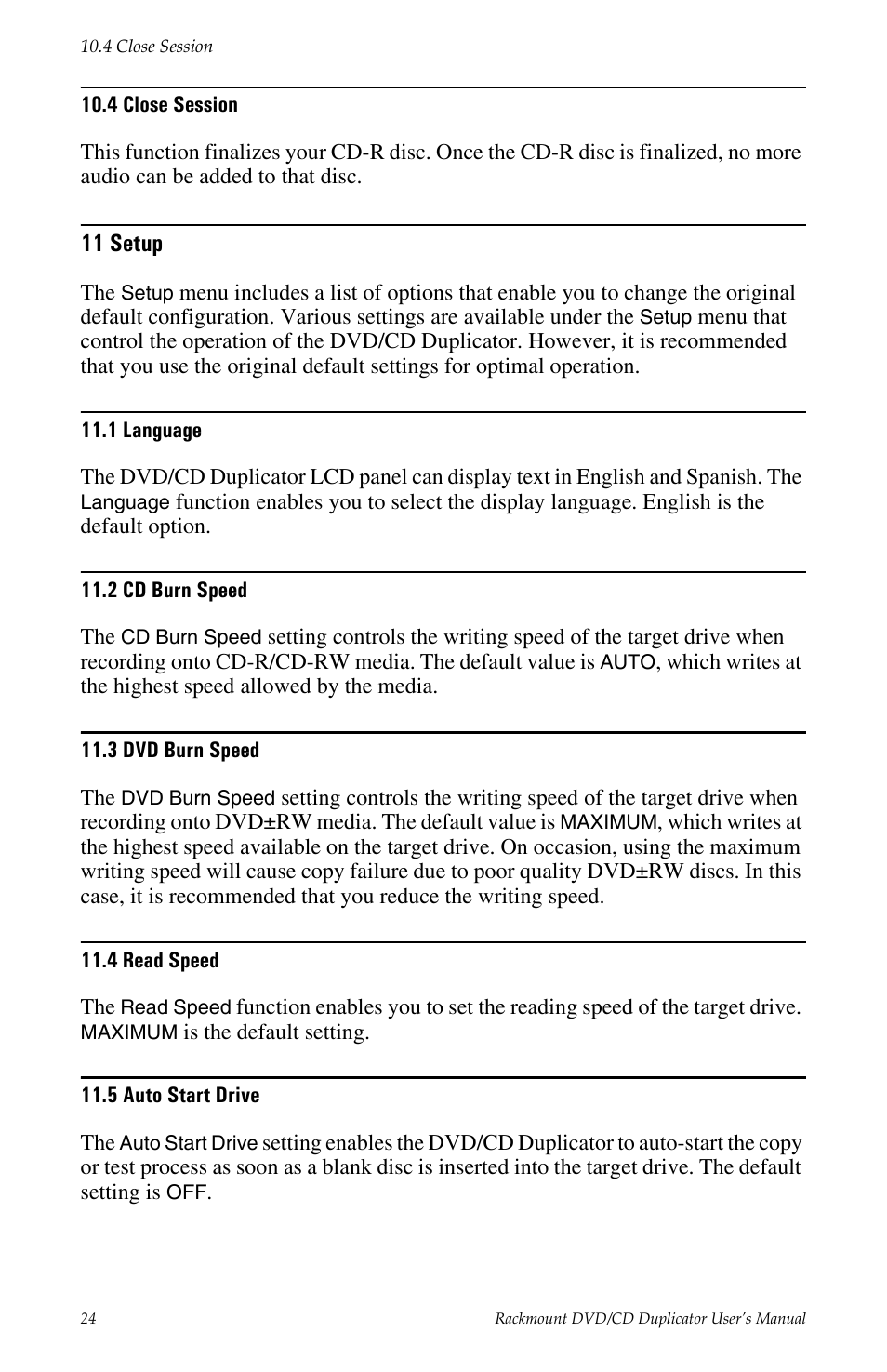4 close session, 11 setup, 5 auto start drive | Teac DV-W14R User Manual | Page 32 / 48