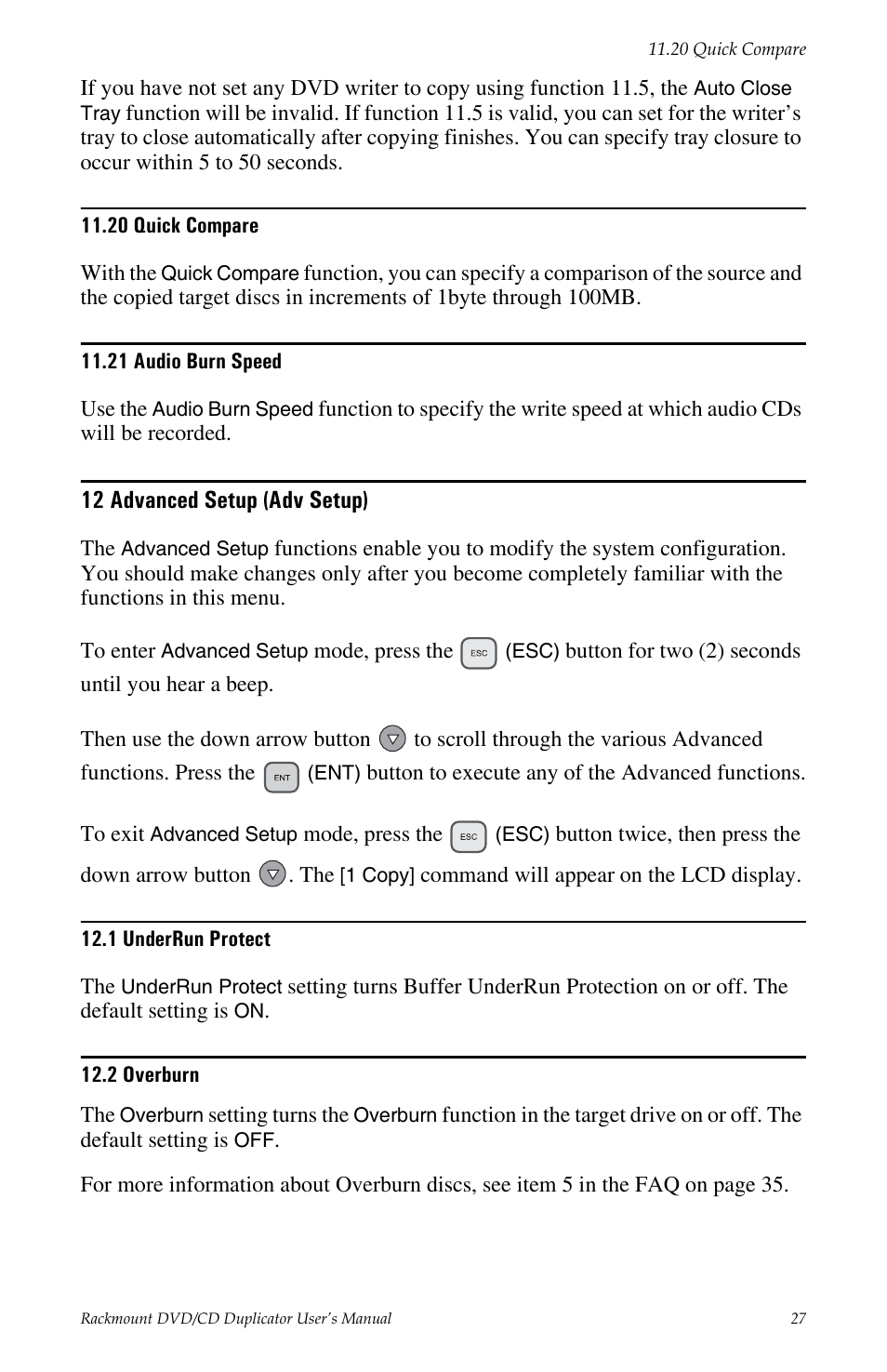 20 quick compare 11.21 audio burn speed, 12 advanced setup (adv setup), 1 underrun protect 12.2 overburn | Teac DV-W14R User Manual | Page 35 / 48