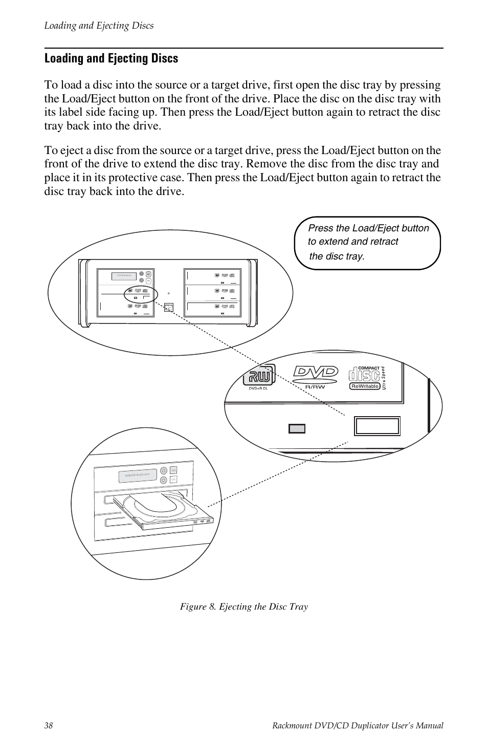 Loading and ejecting discs, Figure 8. ejecting the disc tray | Teac DV-W14R User Manual | Page 46 / 48