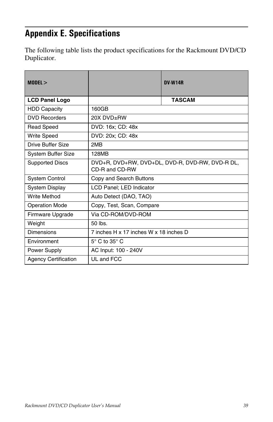 Appendix e. specifications | Teac DV-W14R User Manual | Page 47 / 48