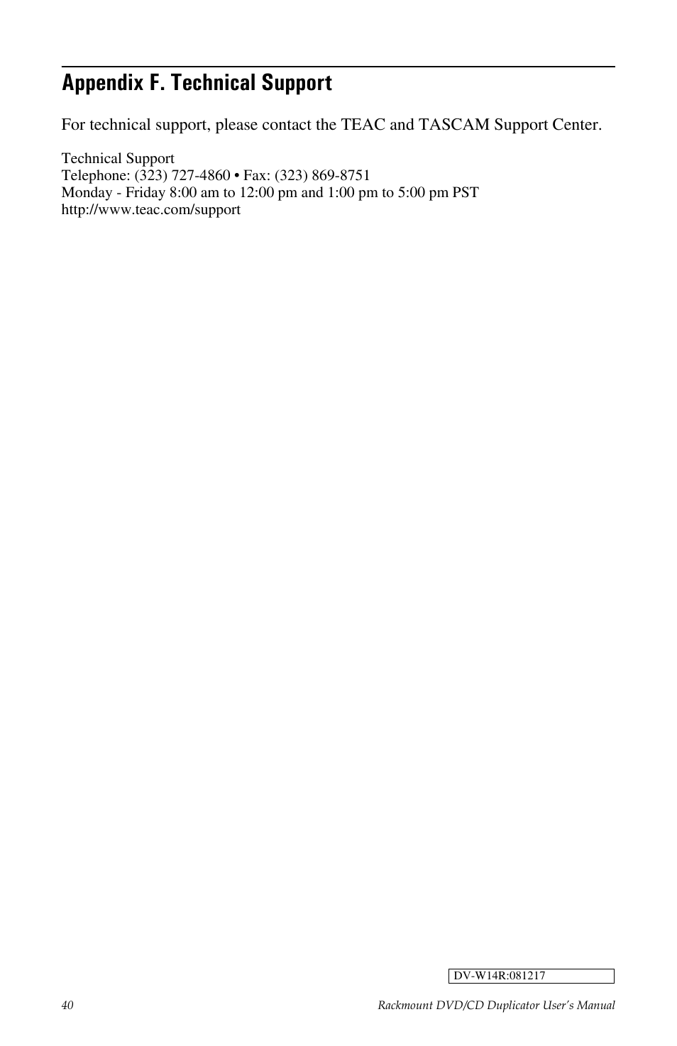 Technical support, Appendix f. technical support | Teac DV-W14R User Manual | Page 48 / 48
