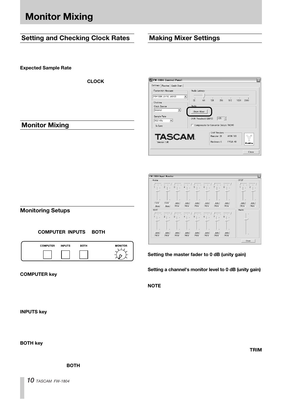Monitor mixing, Setting and checking clock rates, Making mixer settings | Teac FW-1804 User Manual | Page 10 / 20