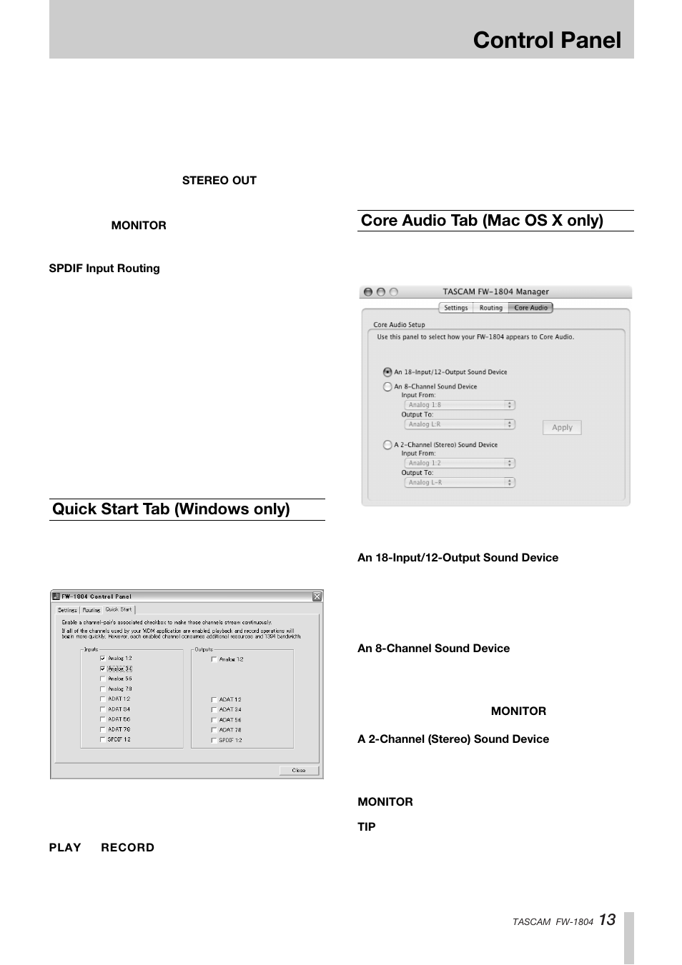 Control panel, Quick start tab (windows only), Core audio tab (mac os x only) | Teac FW-1804 User Manual | Page 13 / 20