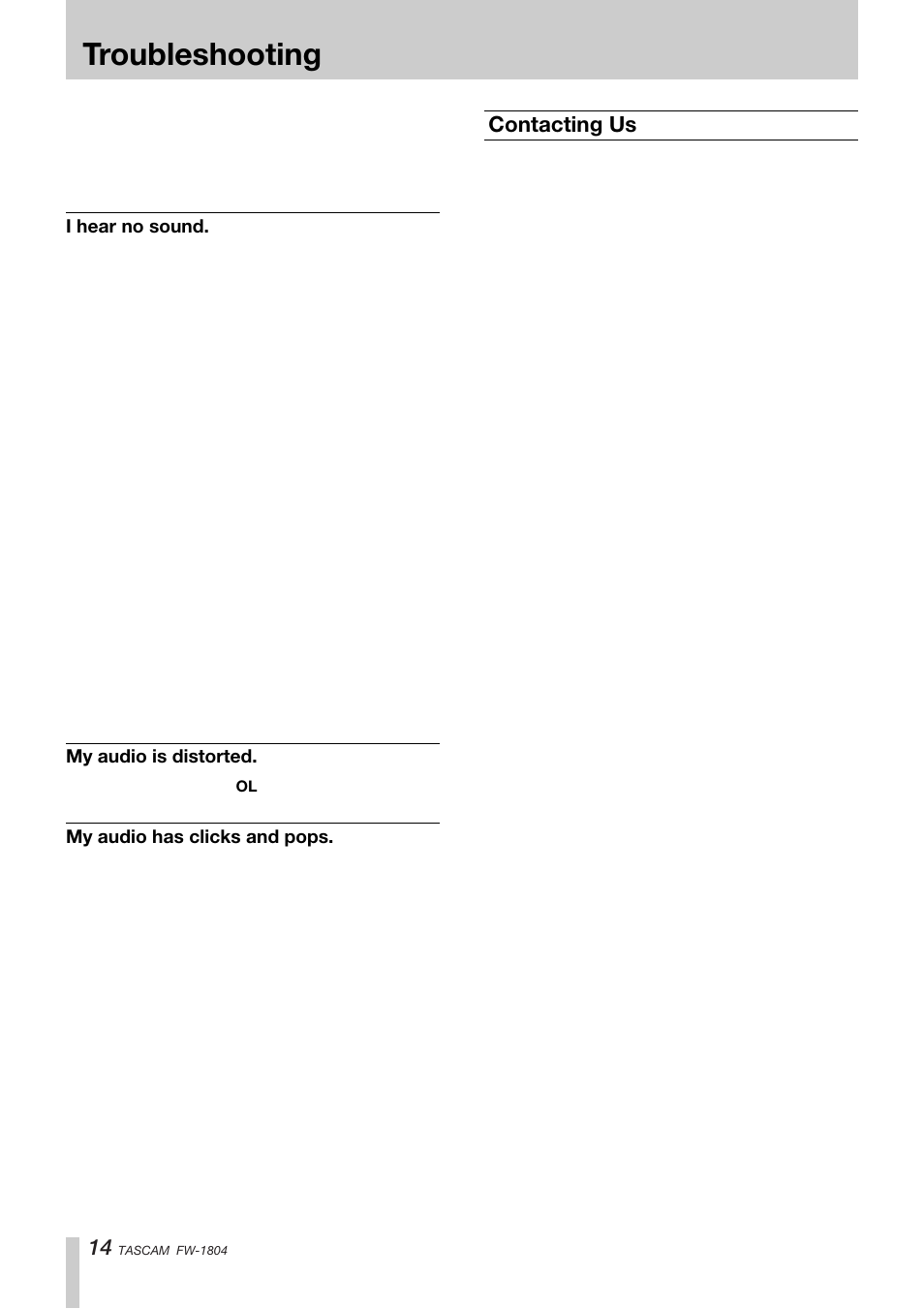 Troubleshooting, Contacting us | Teac FW-1804 User Manual | Page 14 / 20