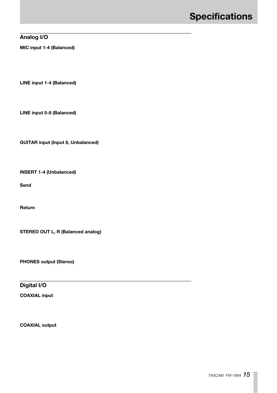 Specifications | Teac FW-1804 User Manual | Page 15 / 20