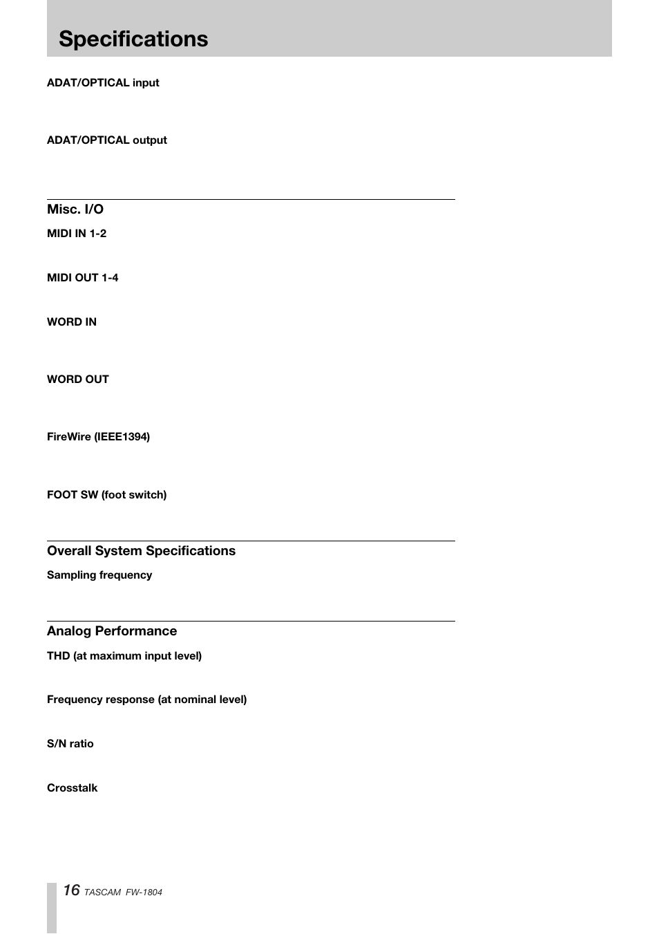 Specifications | Teac FW-1804 User Manual | Page 16 / 20