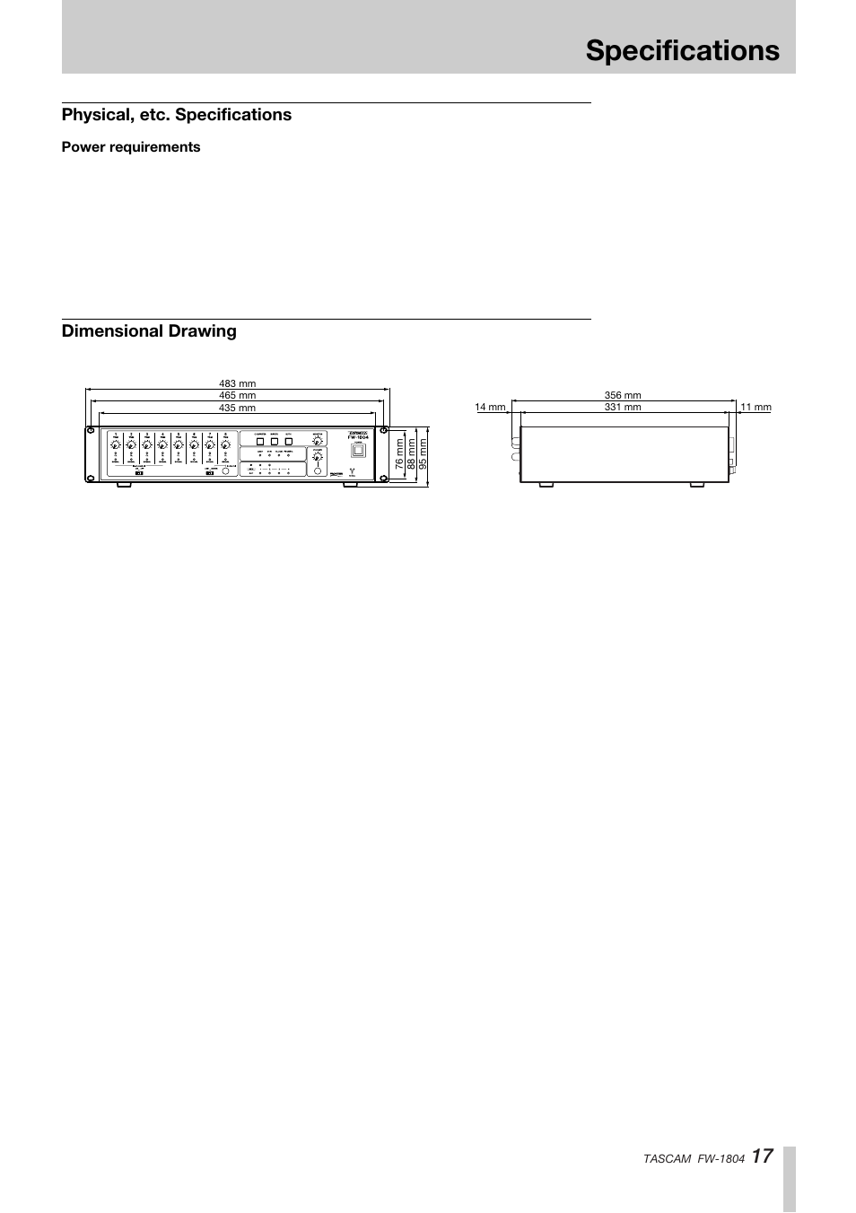 Specifications, Physical, etc. specifications, Dimensional drawing | Teac FW-1804 User Manual | Page 17 / 20