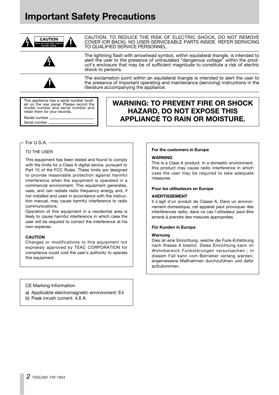 Important safety precautions | Teac FW-1804 User Manual | Page 2 / 20