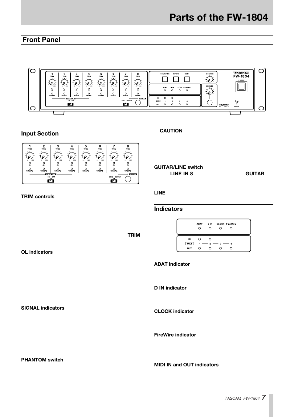 Parts of the fw-1804, Front panel | Teac FW-1804 User Manual | Page 7 / 20