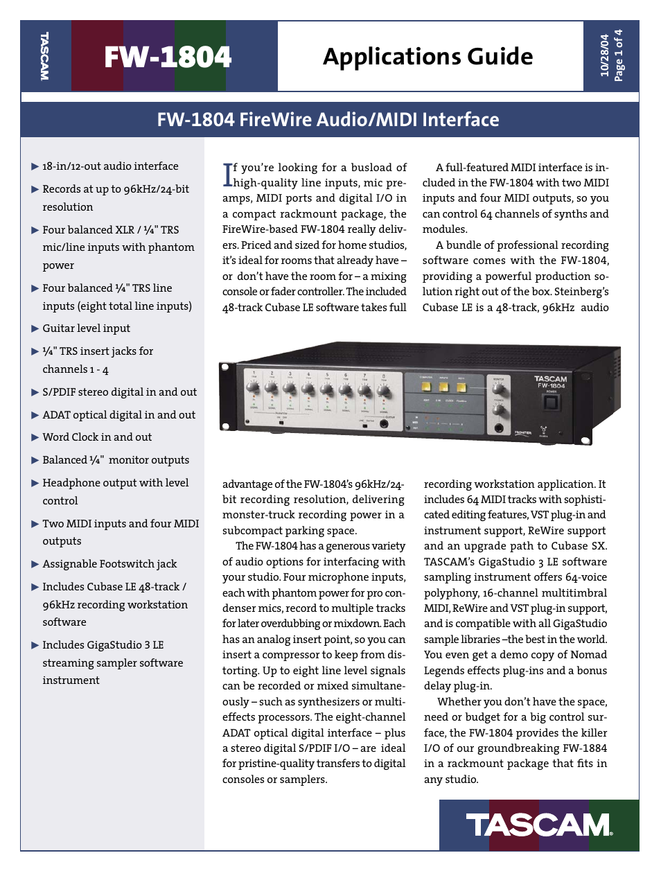 Teac FW-1804 Applications Guide User Manual | 4 pages