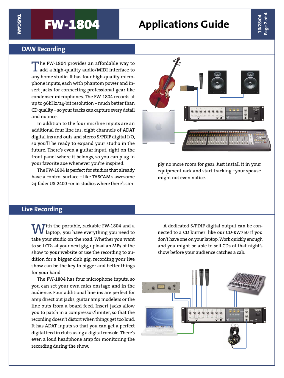 Fw-1804, Applications guide, Daw recording live recording | Teac FW-1804 Applications Guide User Manual | Page 2 / 4