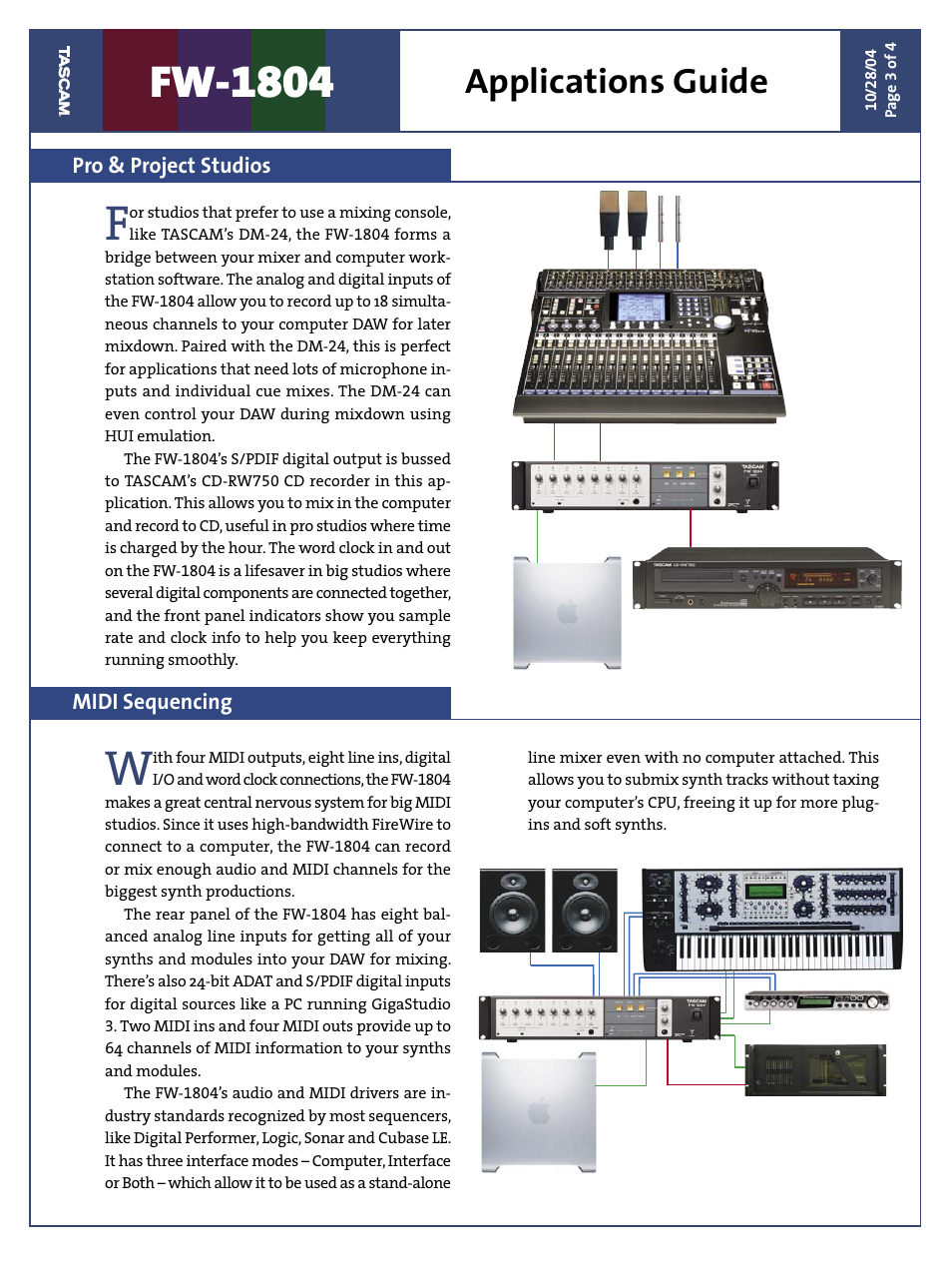 Fw-1804, Applications guide, Pro & project studios midi sequencing | Teac FW-1804 Applications Guide User Manual | Page 3 / 4