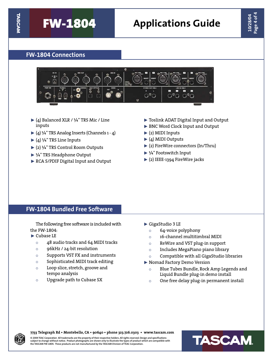 Fw-1804, Applications guide, Fw-1804 connections | Fw-1804 bundled free software | Teac FW-1804 Applications Guide User Manual | Page 4 / 4