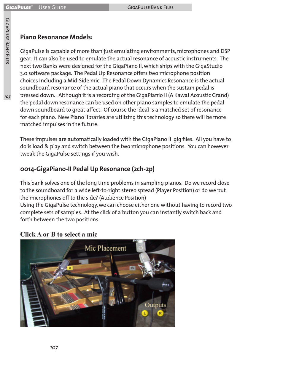 Piano resonance models, Click a or b to select a mic | Teac GigaPulse User Manual | Page 107 / 191