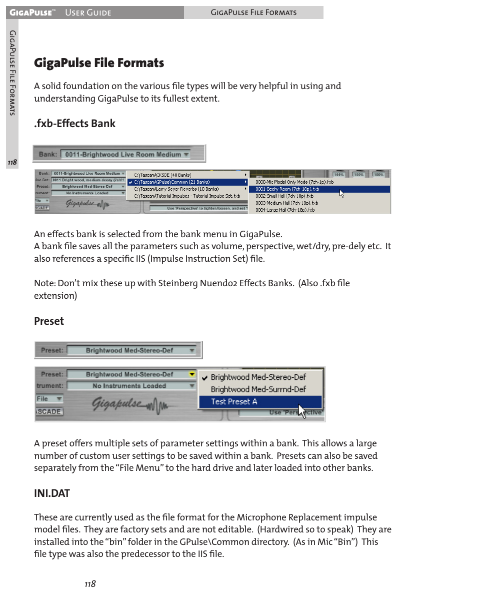 Gigapulse file formats, Fxb-effects bank, Preset | Ini.dat | Teac GigaPulse User Manual | Page 118 / 191