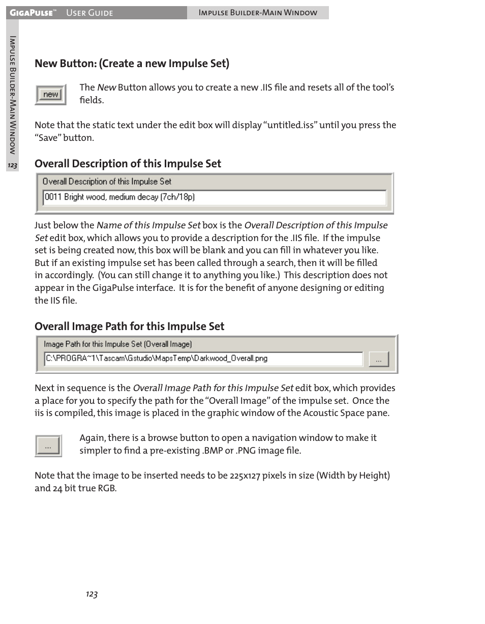 New button: (create a new impulse set), Overall description of this impulse set, Overall image path for this impulse set | Teac GigaPulse User Manual | Page 123 / 191