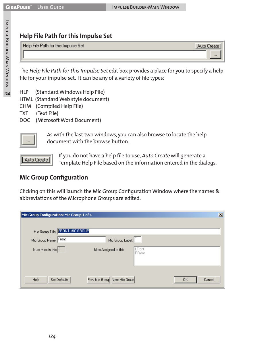 Help file path for this impulse set, Mic group conﬁguration | Teac GigaPulse User Manual | Page 124 / 191