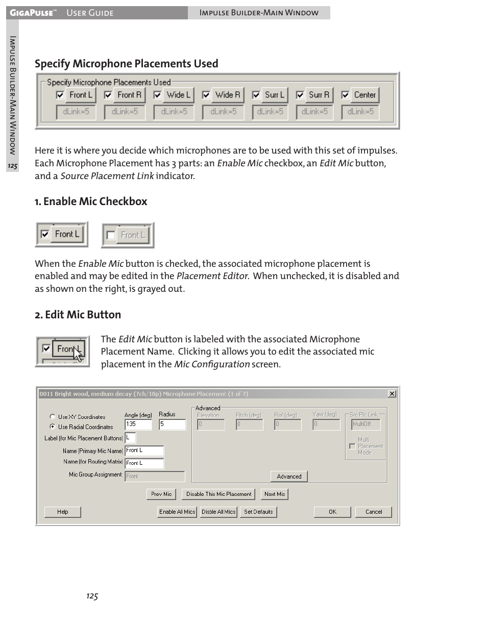 Specify microphone placements used, Enable mic checkbox, Edit mic button | Teac GigaPulse User Manual | Page 125 / 191