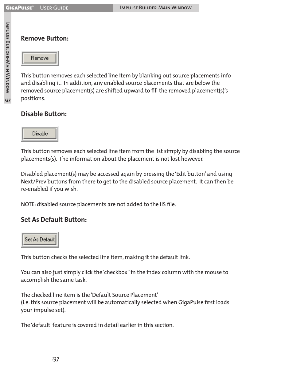 Remove button, Disable button, Set as default button | Teac GigaPulse User Manual | Page 137 / 191