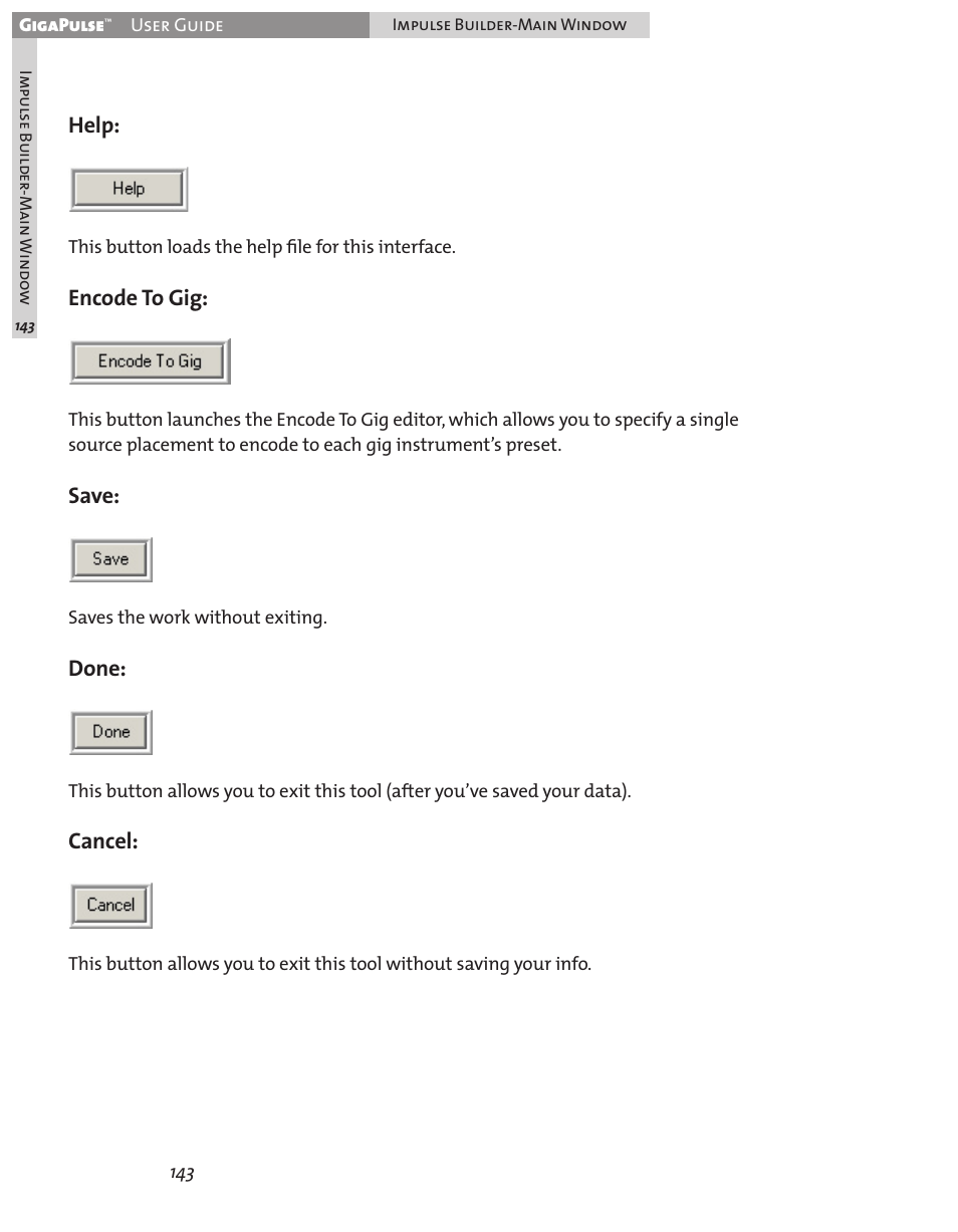 Help: encode to gig: save: done: cancel | Teac GigaPulse User Manual | Page 143 / 191