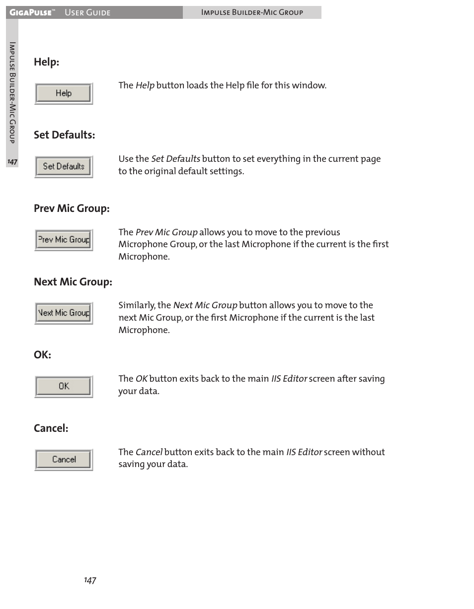 Help, Set defaults, Prev mic group | Next mic group, Ok: cancel | Teac GigaPulse User Manual | Page 147 / 191