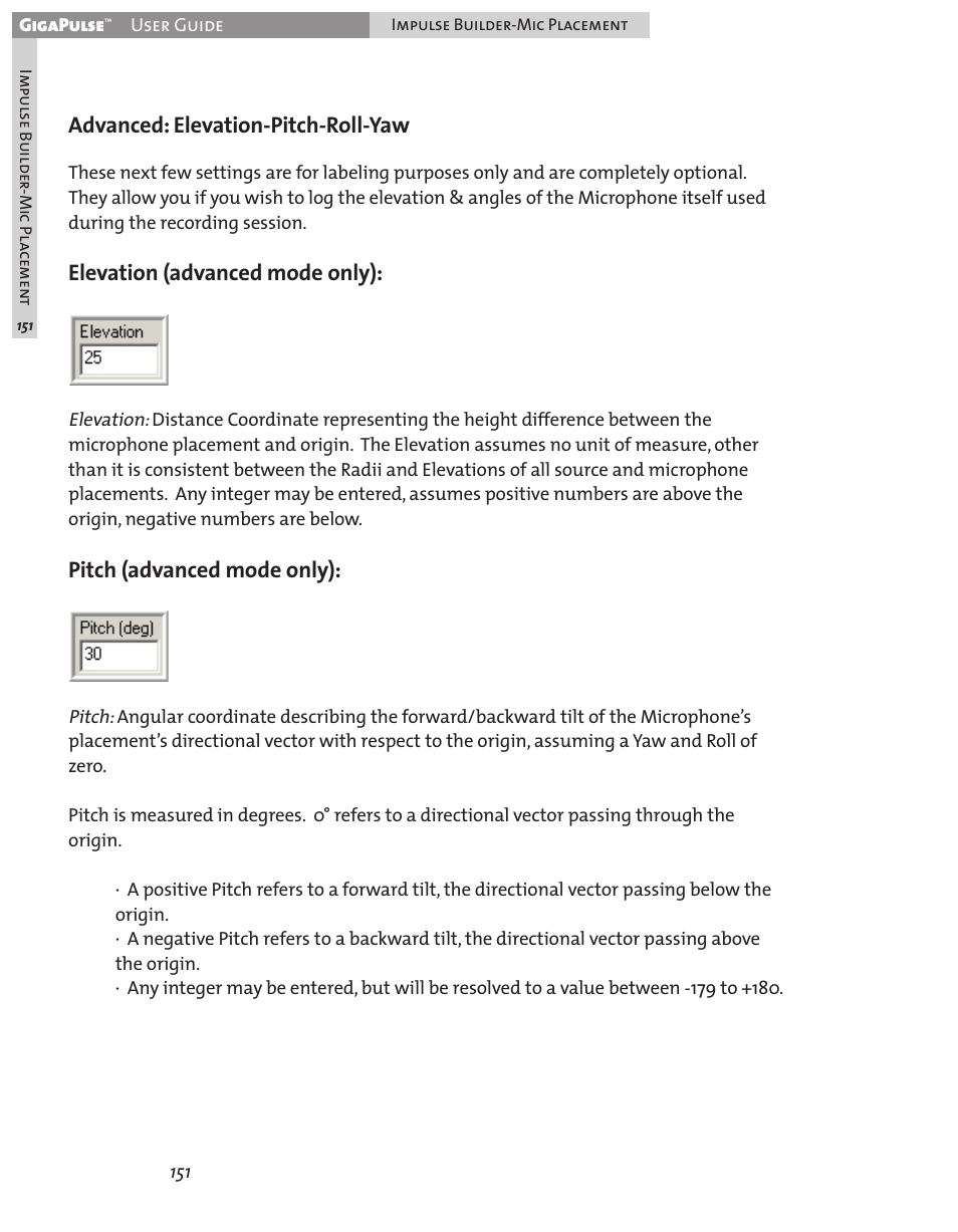 Advanced: elevation-pitch-roll-yaw, Elevation (advanced mode only), Pitch (advanced mode only) | Teac GigaPulse User Manual | Page 151 / 191