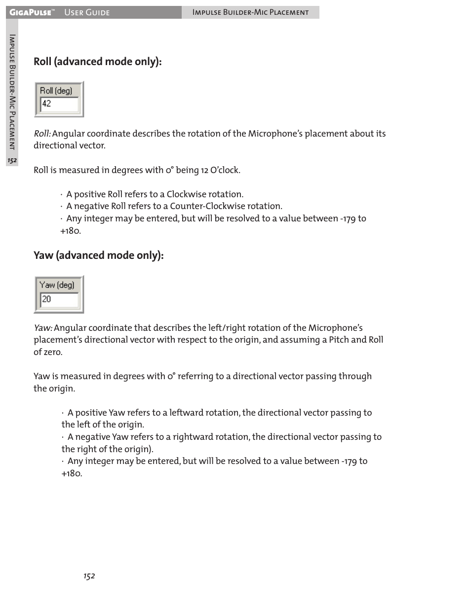 Roll (advanced mode only), Yaw (advanced mode only) | Teac GigaPulse User Manual | Page 152 / 191