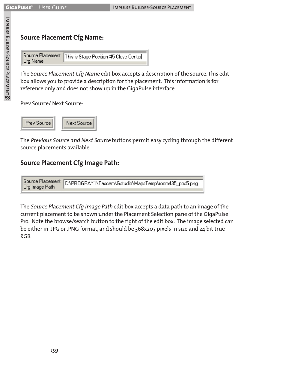 Source placement cfg name, Source placement cfg image path | Teac GigaPulse User Manual | Page 159 / 191