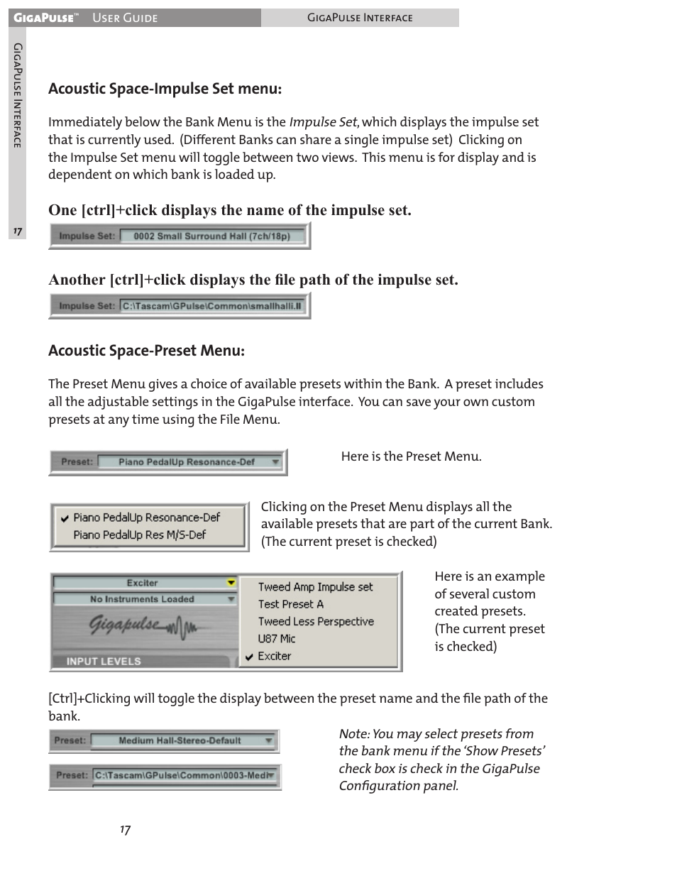 Acoustic space-impulse set menu | Teac GigaPulse User Manual | Page 17 / 191