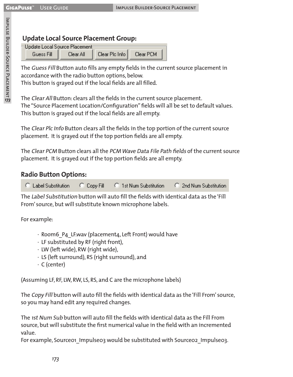 Update local source placement group, Radio button options | Teac GigaPulse User Manual | Page 173 / 191