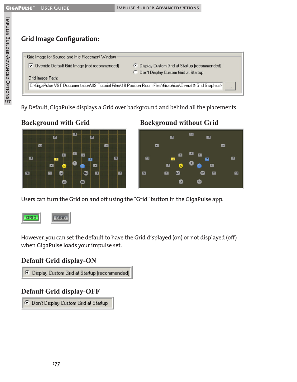 Grid image conﬁguration, Background with grid background without grid, Default grid display-on default grid display-off | Teac GigaPulse User Manual | Page 177 / 191