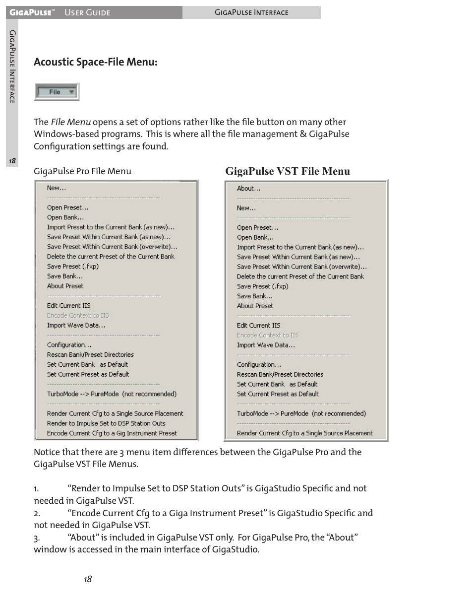 Acoustic space-file menu, Gigapulse vst file menu | Teac GigaPulse User Manual | Page 18 / 191