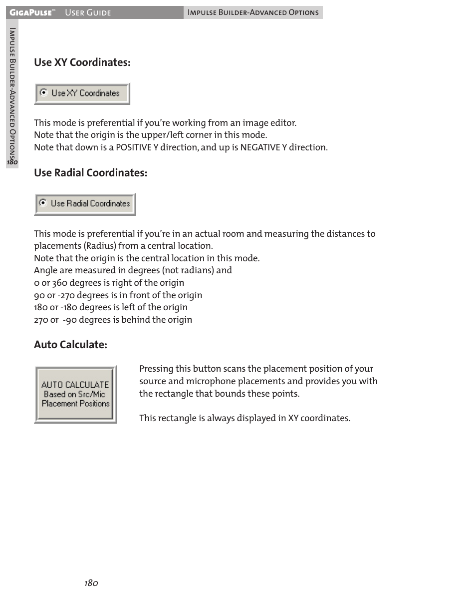 Use xy coordinates, Use radial coordinates, Auto calculate | Teac GigaPulse User Manual | Page 180 / 191