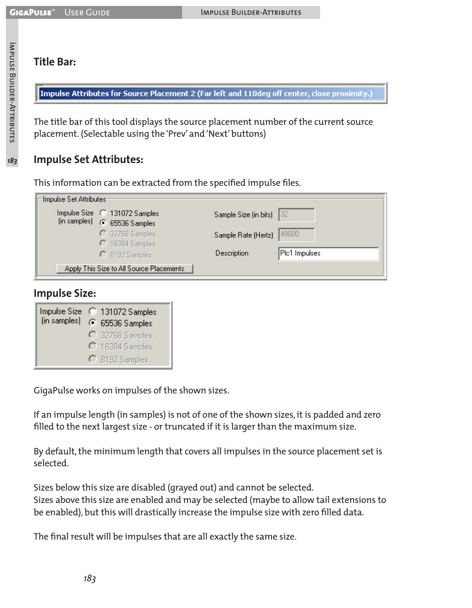 Title bar, Impulse set attributes, Impulse size | Teac GigaPulse User Manual | Page 183 / 191