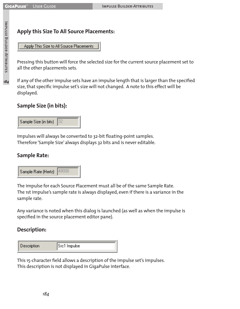 Apply this size to all source placements, Sample size (in bits), Sample rate | Description | Teac GigaPulse User Manual | Page 184 / 191