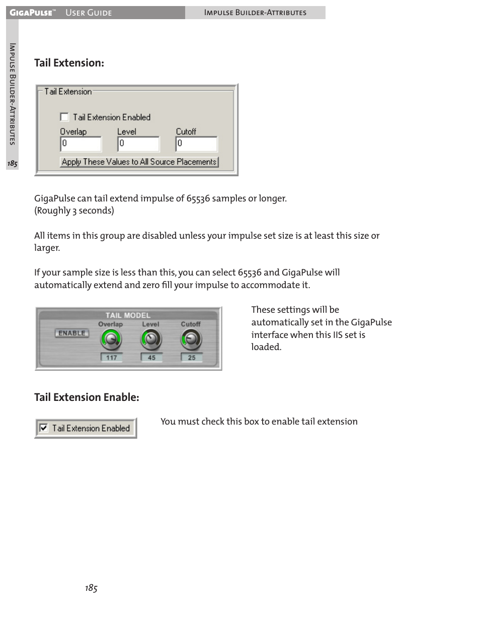 Tail extension, Tail extension enable | Teac GigaPulse User Manual | Page 185 / 191