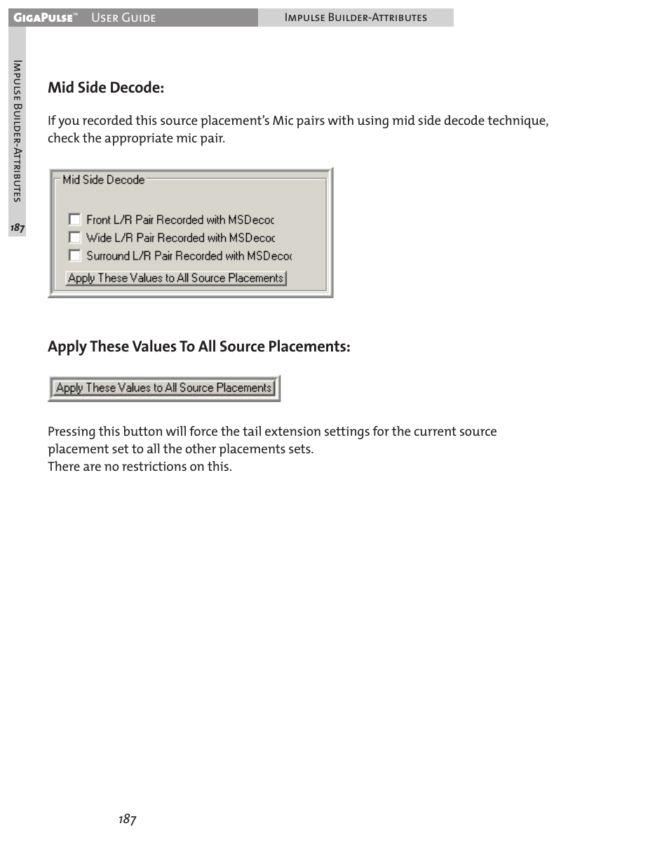 Mid side decode, Apply these values to all source placements | Teac GigaPulse User Manual | Page 187 / 191