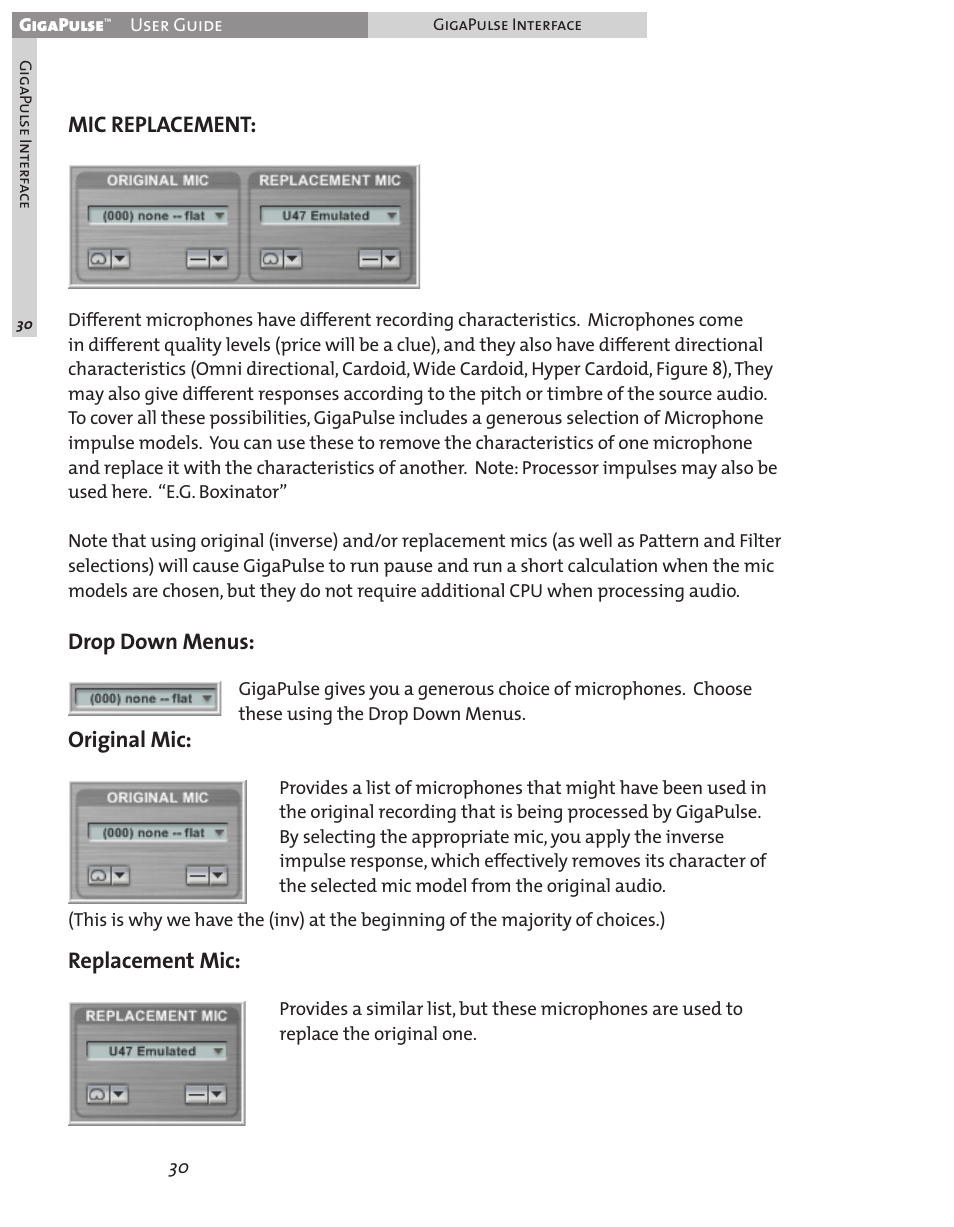 Mic replacement, Drop down menus: original mic: replacement mic | Teac GigaPulse User Manual | Page 30 / 191