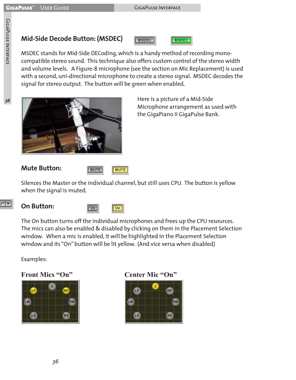 Mid-side decode button: (msdec), Mute button, On button | Front mics “on” center mic “on | Teac GigaPulse User Manual | Page 36 / 191