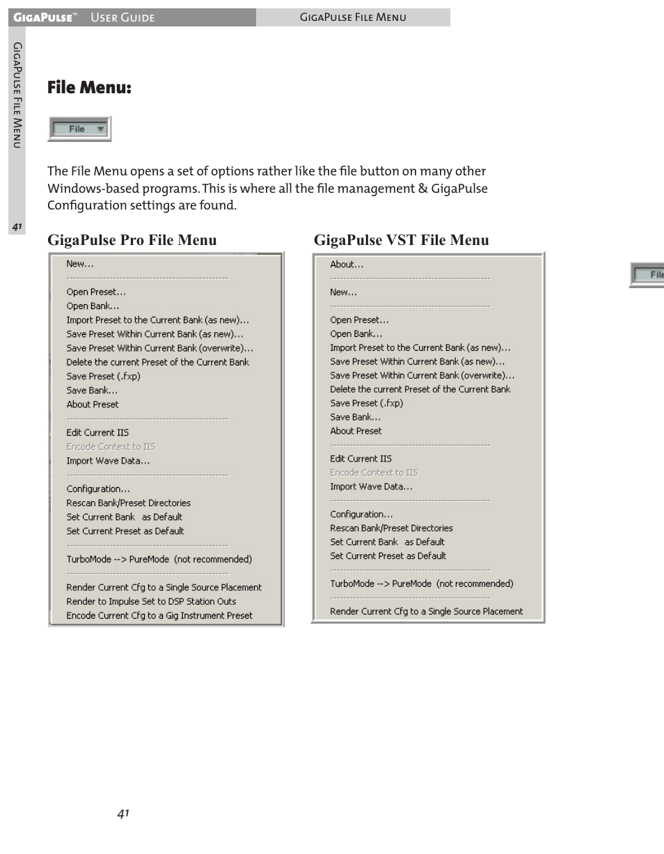 File menu, Gigapulse pro file menu gigapulse vst file menu | Teac GigaPulse User Manual | Page 41 / 191